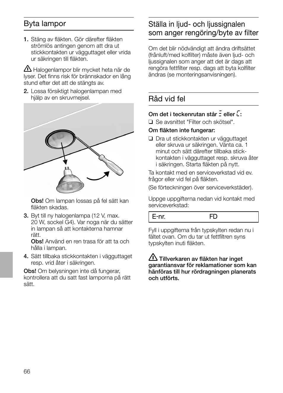 Byta lampor råd vid fel | Siemens LF457CA60 User Manual | Page 66 / 108
