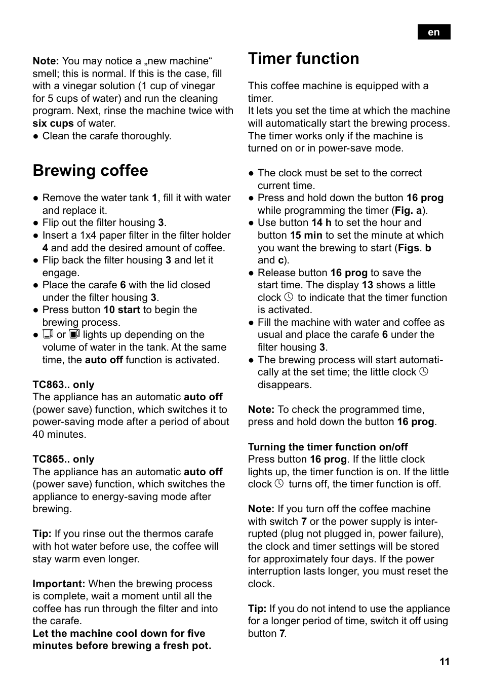 Brewing coffee, Timer function | Siemens TC86303 User Manual | Page 15 / 132