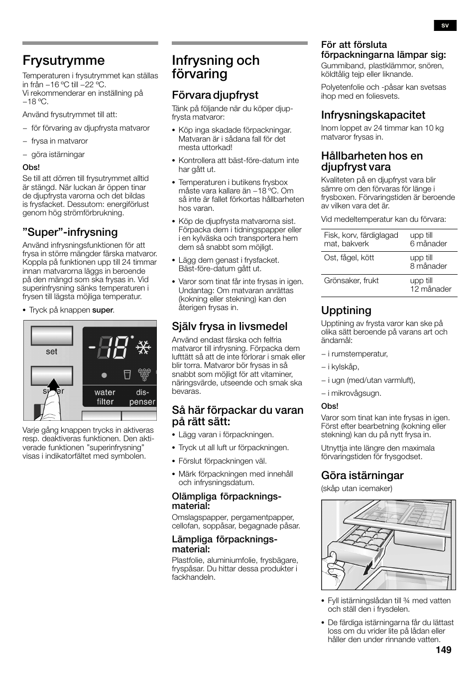Frysutrymme, Infrysning och förvaring, Super"ćinfrysning | Siemens KA58NA45  User Manual | Page 149 / 263 | Original mode