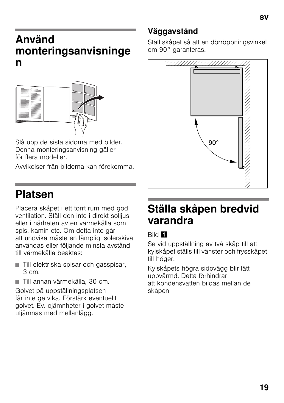 Använd monteringsanvisninge n, Platsen, Väggavstånd | Siemens KS36WPI30  User Manual | Page 19 / 34 | Original mode
