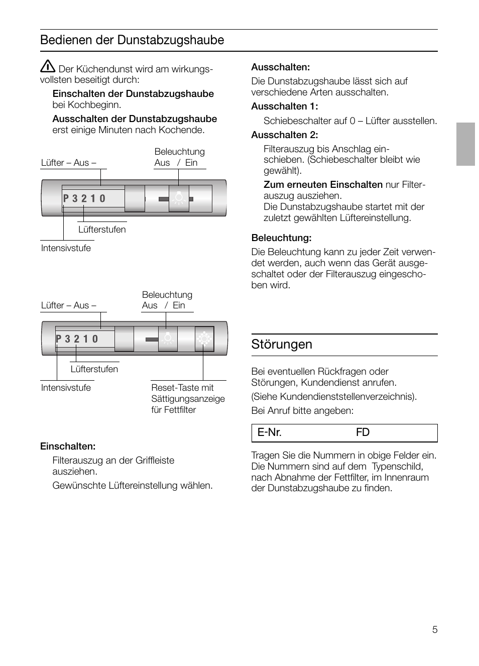 Bedienen der dunstabzugshaube, Störungen | Siemens LI44630 User Manual |  Page 5 / 100