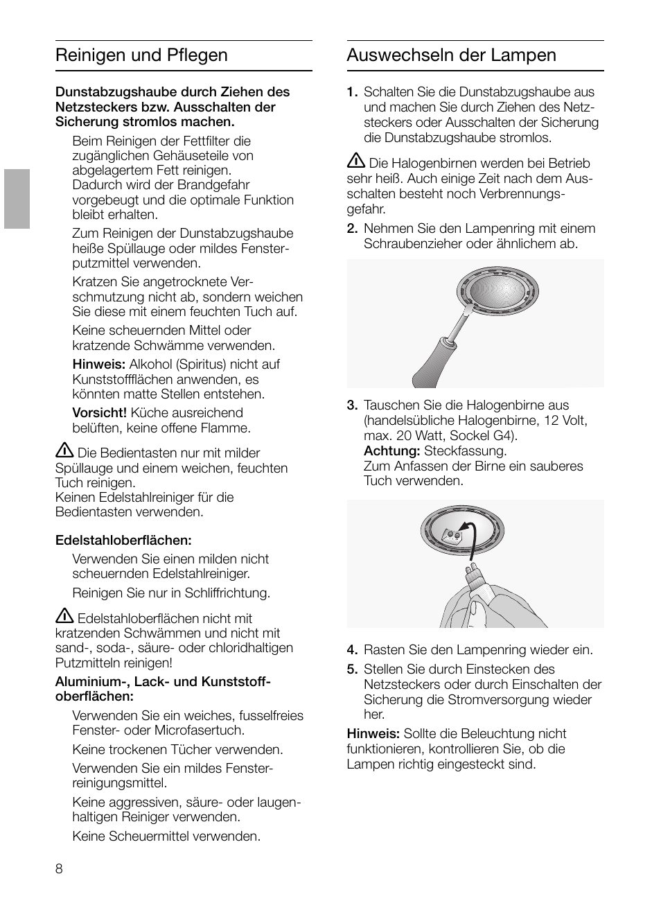 Reinigen und pflegen, Auswechseln der lampen | Siemens LI44630 User Manual  | Page 8 / 100