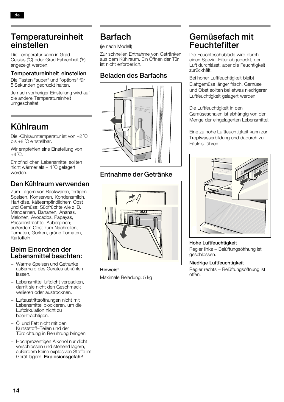 Temperatureinheit einstellen, Kühlraum, Barfach | Siemens KA62DP91 User  Manual | Page 14 / 115