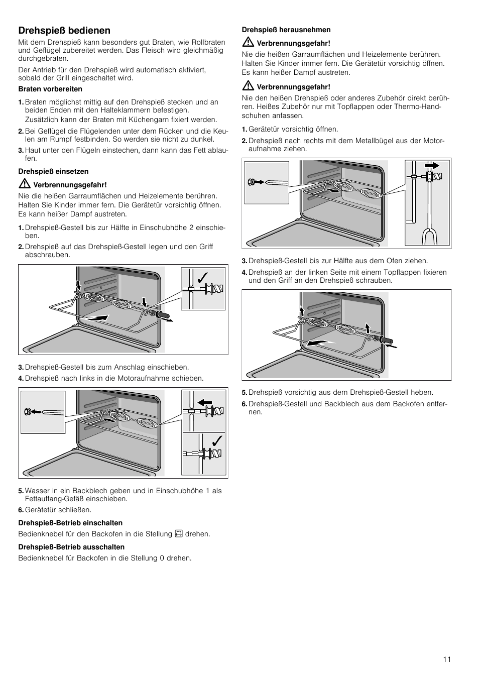 Drehspieß bedienen, Verbrennungsgefahr, Drehspieß-gestell bis zum anschlag  einschieben | Siemens HQ738256E User Manual | Page 11 / 64