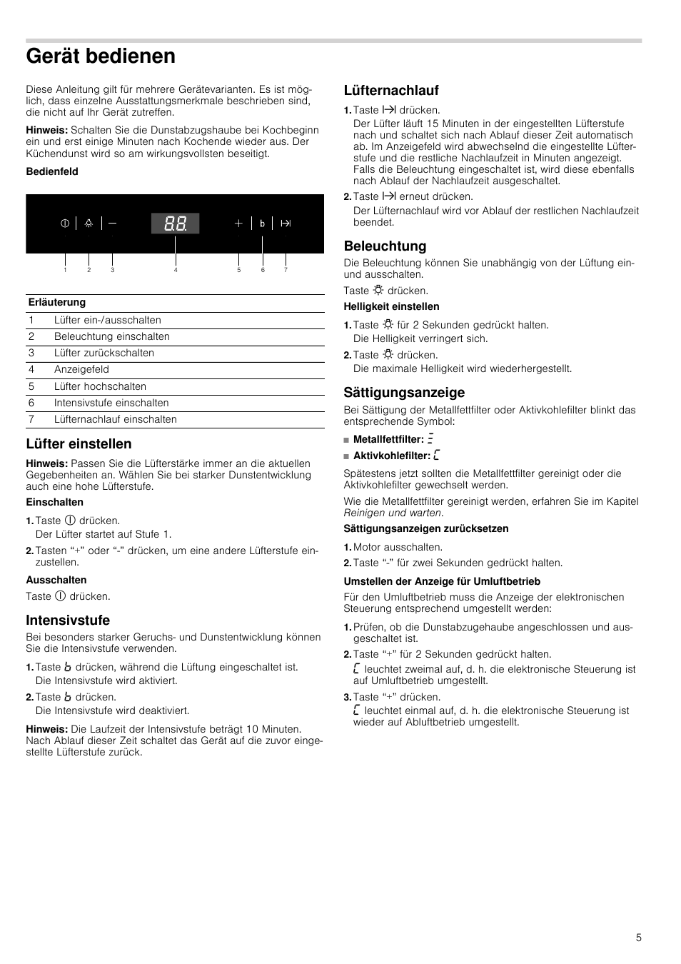 Gerät bedienen, Hinweis, Bedienfeld | Siemens LC98KA671 User Manual | Page  5 / 24