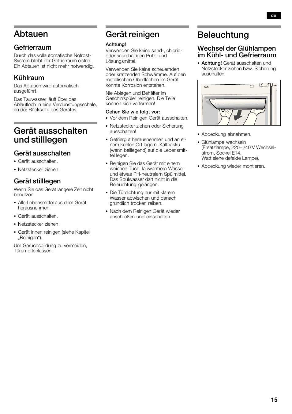 Abtauen, Gerät ausschalten und stilllegen, Beleuchtung | Siemens KA62NV40  User Manual | Page 15 / 94