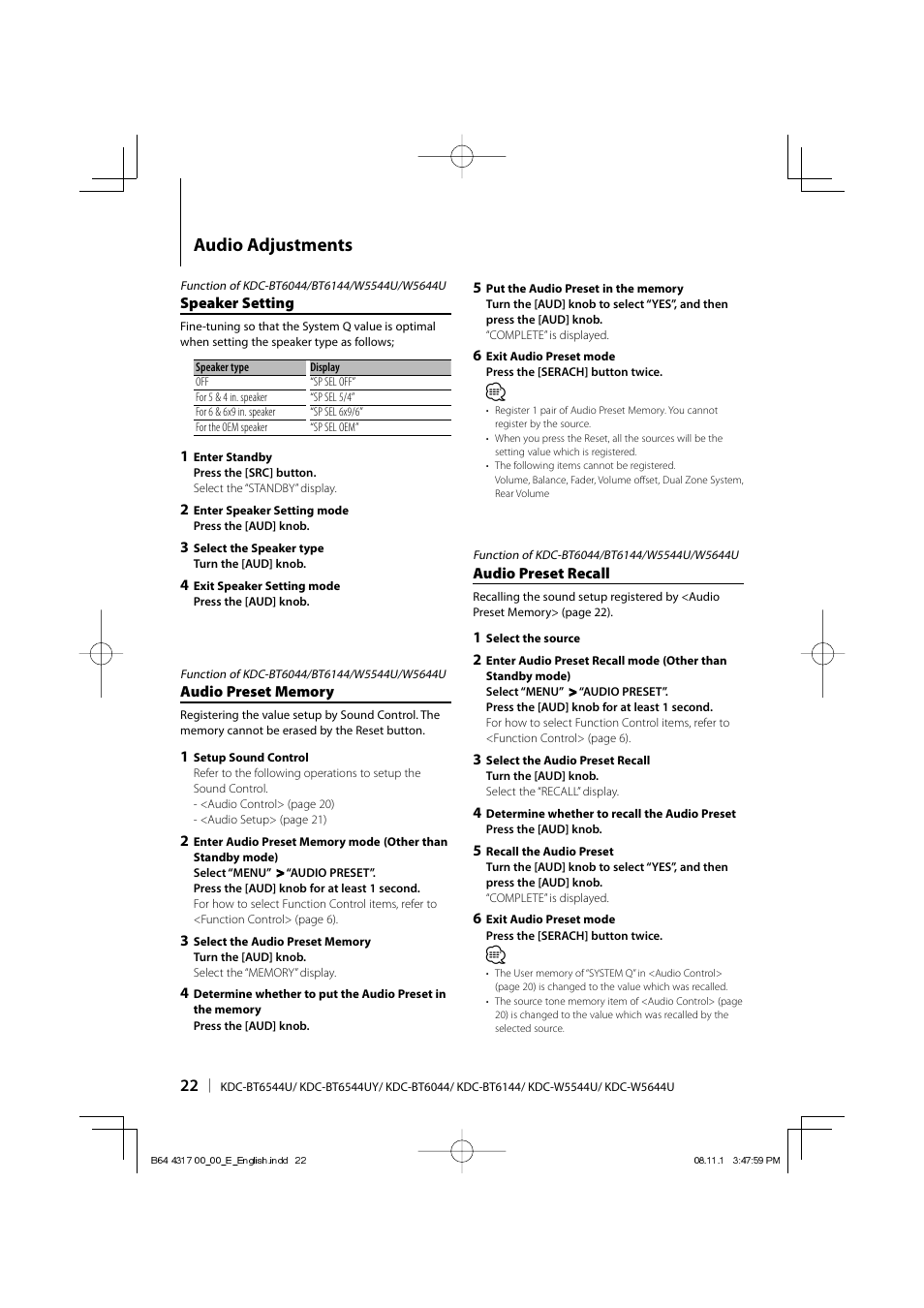 Audio adjustments | Kenwood KDC-BT6544U User Manual | Page 22 / 48 |  Original mode