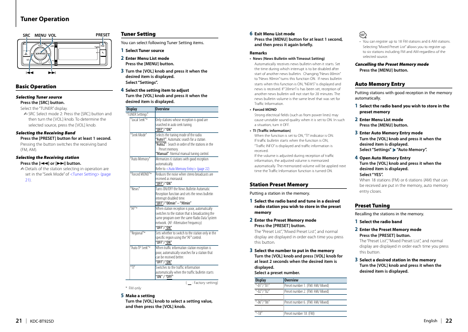 Tuner operation, Basic operation, Tuner setting | Kenwood KDC-BT92SD User  Manual | Page 11 / 41 | Original mode