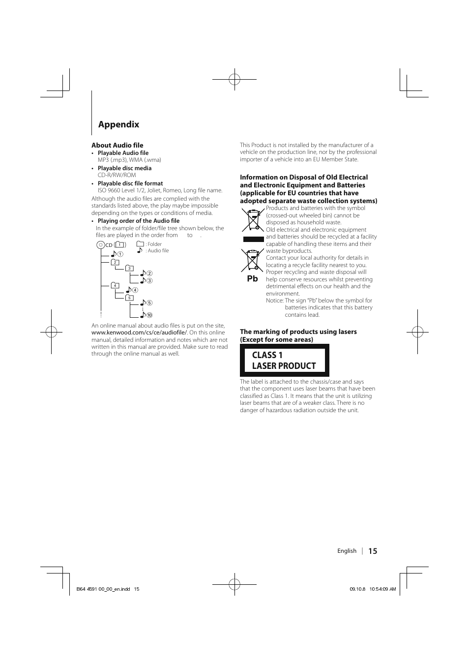 Appendix, Class 1 laser product | Kenwood KDC-314AM User Manual | Page 15 /  24 | Original mode