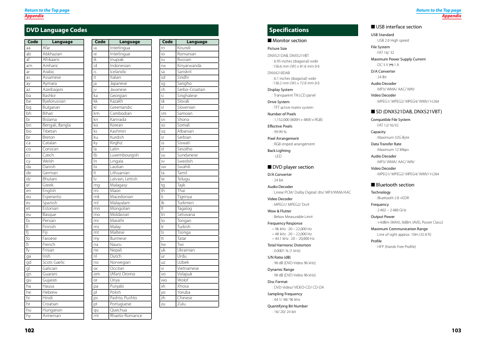 Dvd language codes, Specifications, Dvd language codes specifications |  Kenwood DNX521VBT User Manual | Page 52 / 56 | Original mode