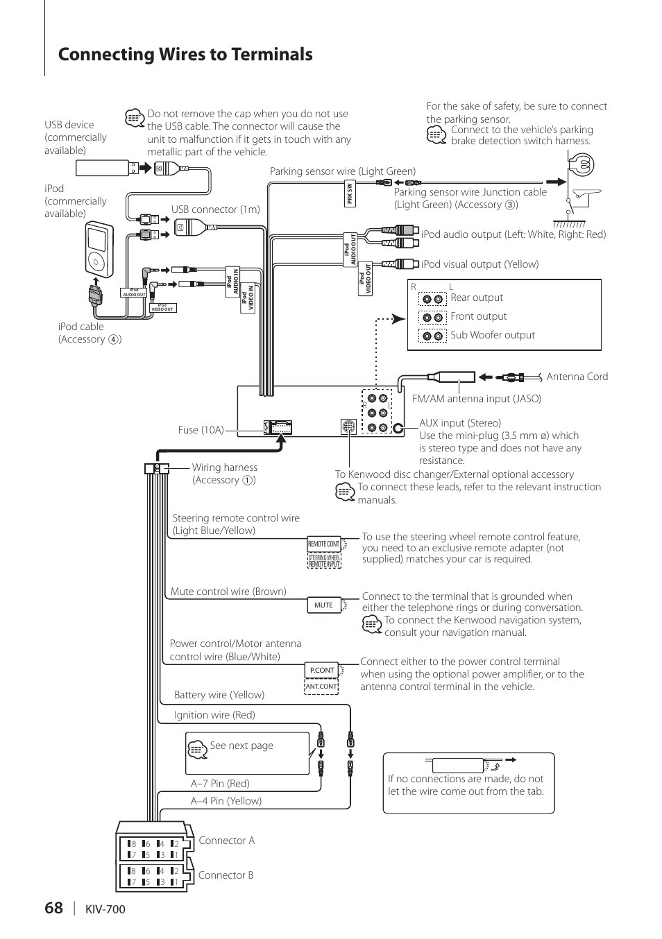 Connecting wires to terminals, Connecting wires to, Terminals | Kenwood KIV- 700 User Manual | Page 68 / 76