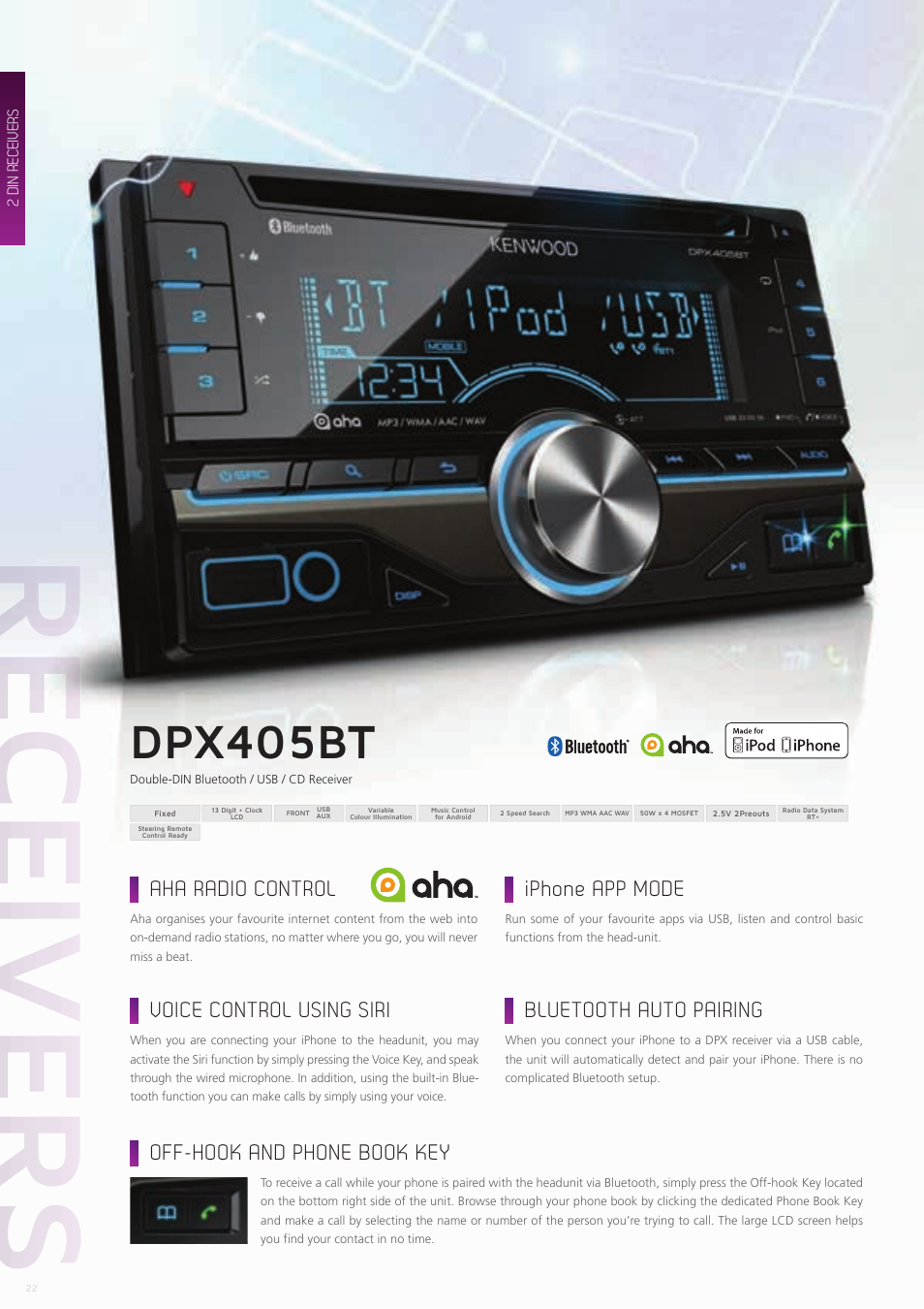 Dpx405bt, Aha radio control iphone app mode, Bluetooth auto pairing |  Kenwood CAW-CKIMVW1 User Manual | Page 22 / 36