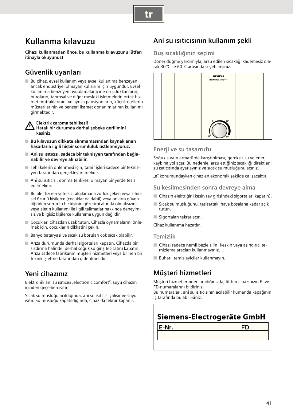 Kullanma kılavuzu, Güvenlik uyarıları, Yeni cihazınız | Siemens DE1821415  User Manual | Page 49 / 52