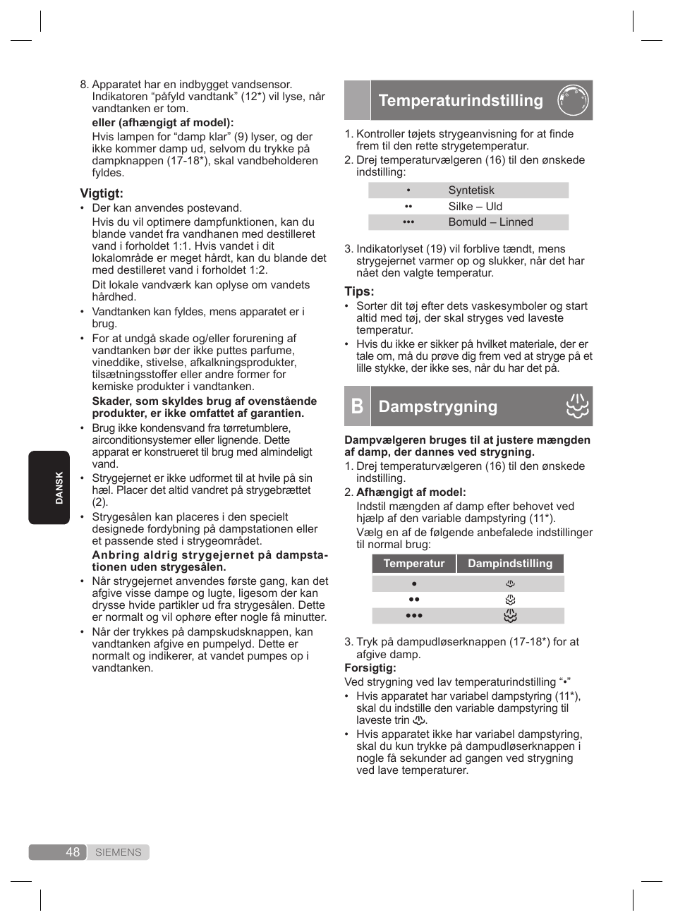 Temperaturindstilling, Dampstrygning | Siemens TS22XTRM User Manual | Page  48 / 160 | Original mode