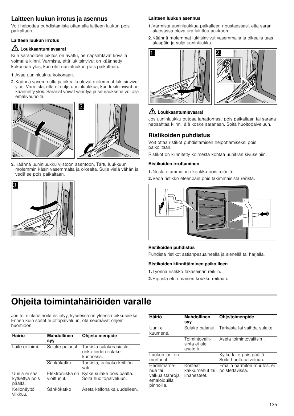 Laitteen luukun irrotus ja asennus, Laitteen luukun irrotus,  Loukkaantumisvaara | Siemens HB933R51 User Manual | Page 134 / 160