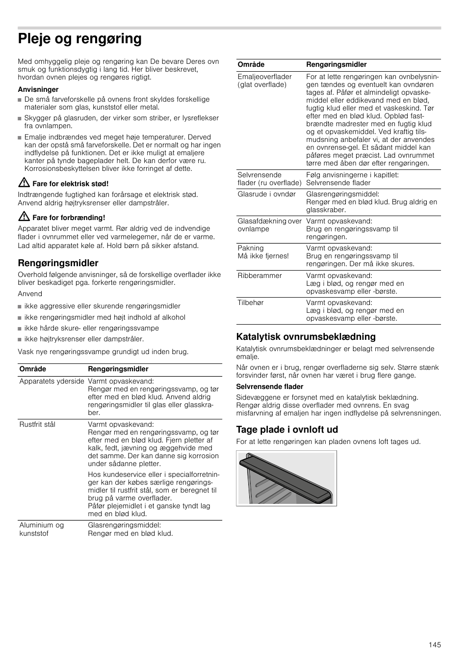 Pleje og rengøring, Anvisninger, Fare for elektrisk stød | Siemens HB933R51  User Manual | Page 144 / 160