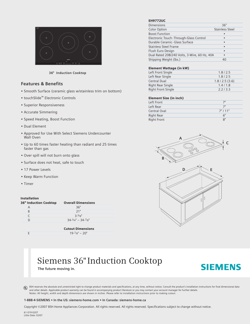 Siemens 36inc Induction Cooktop User Manual | 1 page