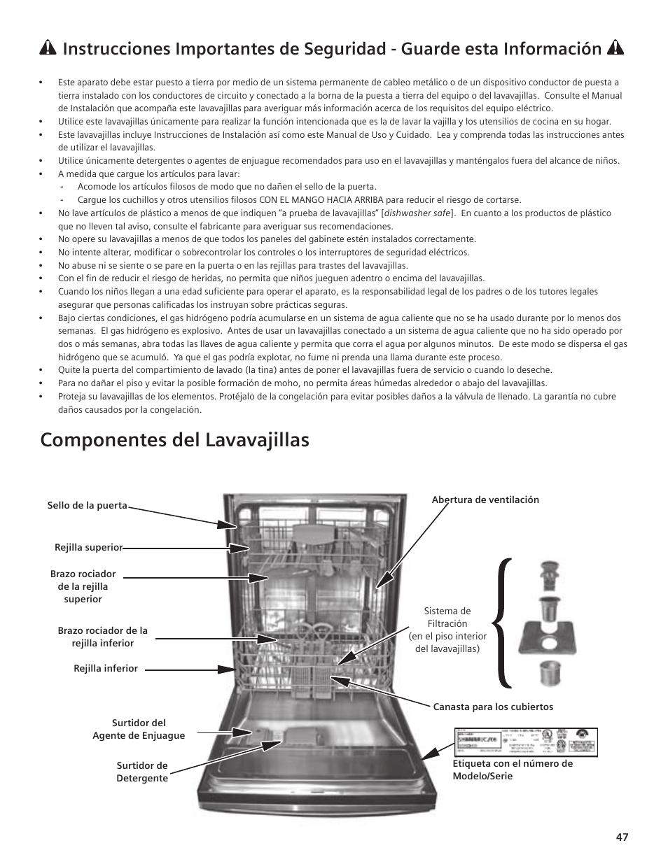 Componentes del lavavajillas | Siemens hiDefinition 48 dBA Dishwasher User  Manual | Page 47 / 64