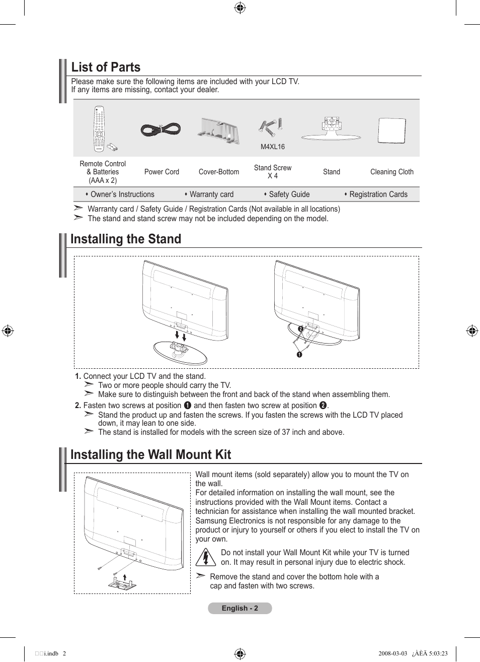 Connecting And Preparing Your Tv List Of Parts Installing The Stand Samsung Le32a455c1d User Manual Page 4 542