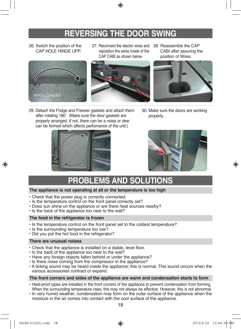 Reversing the door swing, Problems and solutions | Samsung RL41WCSW User  Manual | Page 18 / 100