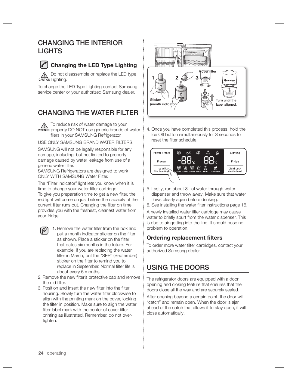 Using the doors, Changing the interior lights, Changing the water filter |  Samsung RSG5PURS User Manual | Page 24 / 132 | Original mode
