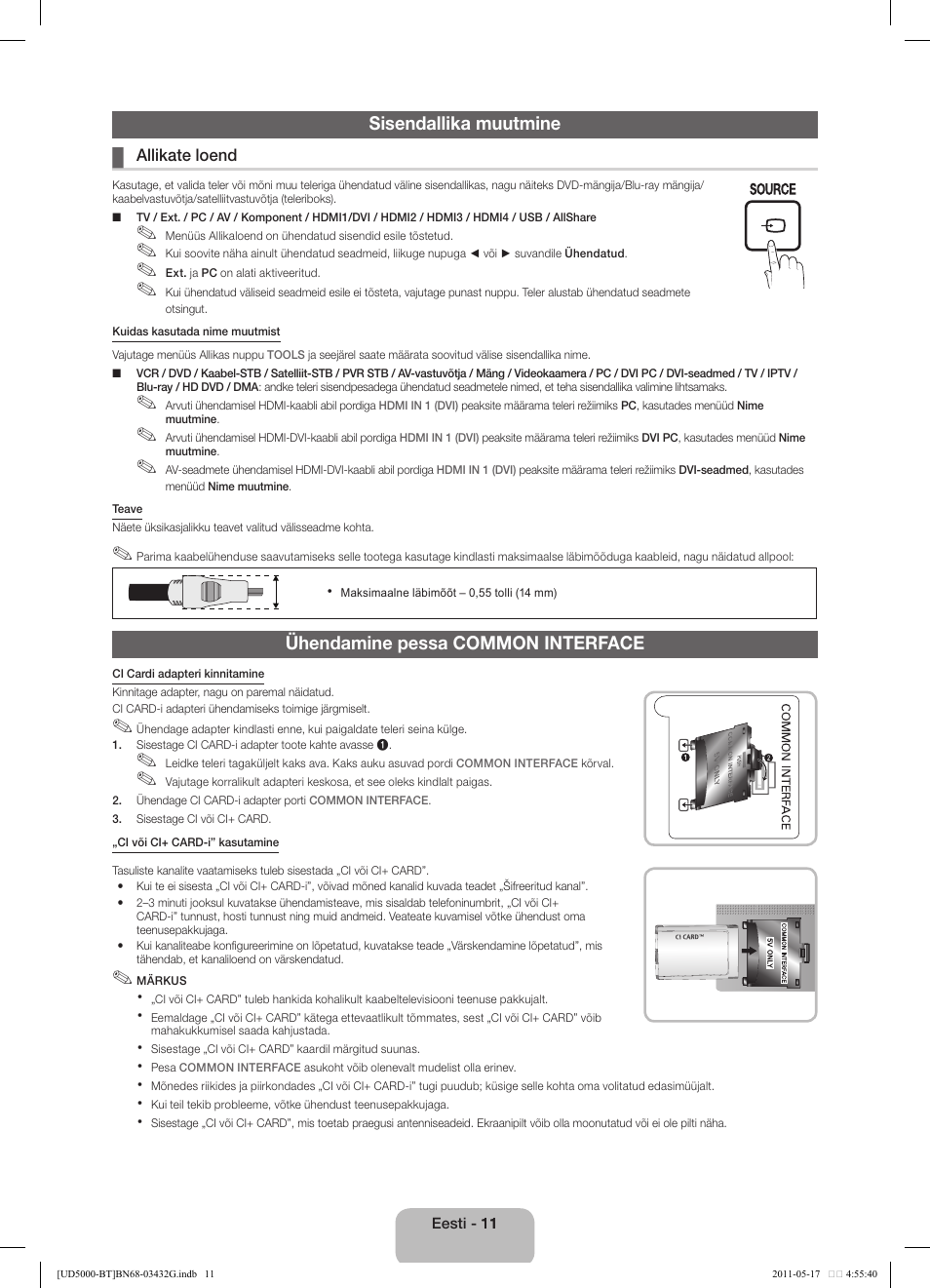 Sisendallika muutmine, Ühendamine pessa common interface | Samsung  UE40D5000PW User Manual | Page 119 / 163