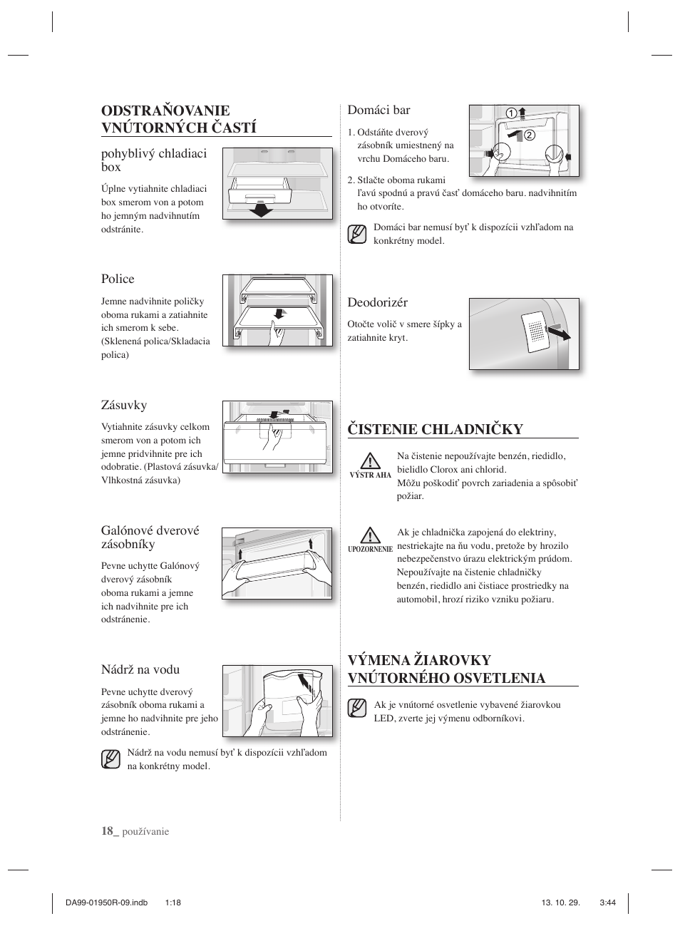 Odstraňovanie vnútorných častí, Čistenie chladničky, Výmena žiarovky  vnútorného osvetlenia | Samsung RR82PHIS User Manual | Page 106 / 200 |  Original mode