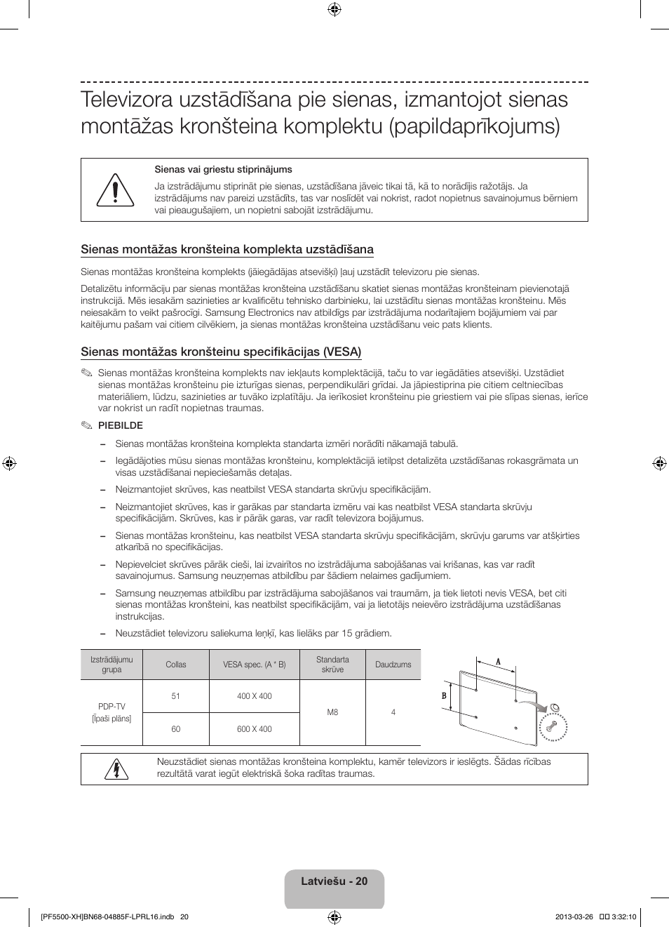 Sienas montāžas kronšteina komplekta uzstādīšana, Sienas montāžas  kronšteinu specifikācijas (vesa) | Samsung PS60F5500AW User Manual | Page  332 / 385 | Original mode