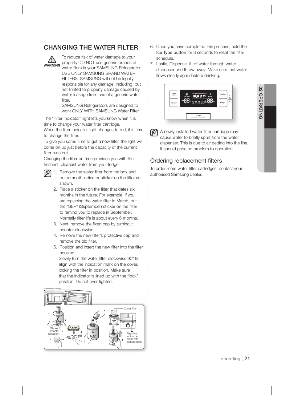 Changing the water filter, Ordering replacement ﬁ lters | Samsung RSH7PNPN  User Manual | Page 21 / 216 | Original mode