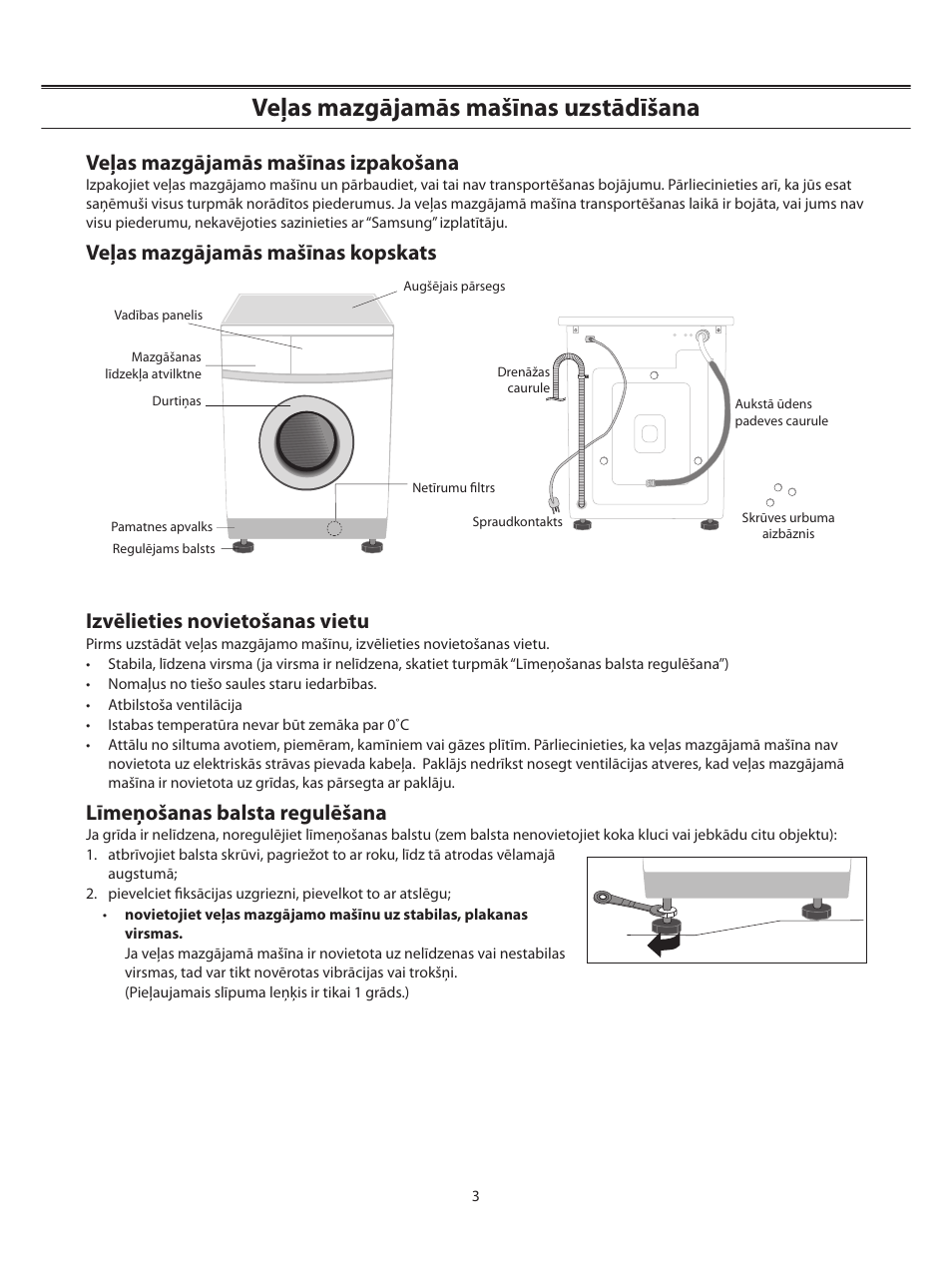 Veļas mazgājamās mašīnas uzstādīšana, Veļas mazgājamās mašīnas izpakošana,  Līmeņošanas balsta regulēšana | Samsung WF-B1062 User Manual | Page 45 / 56