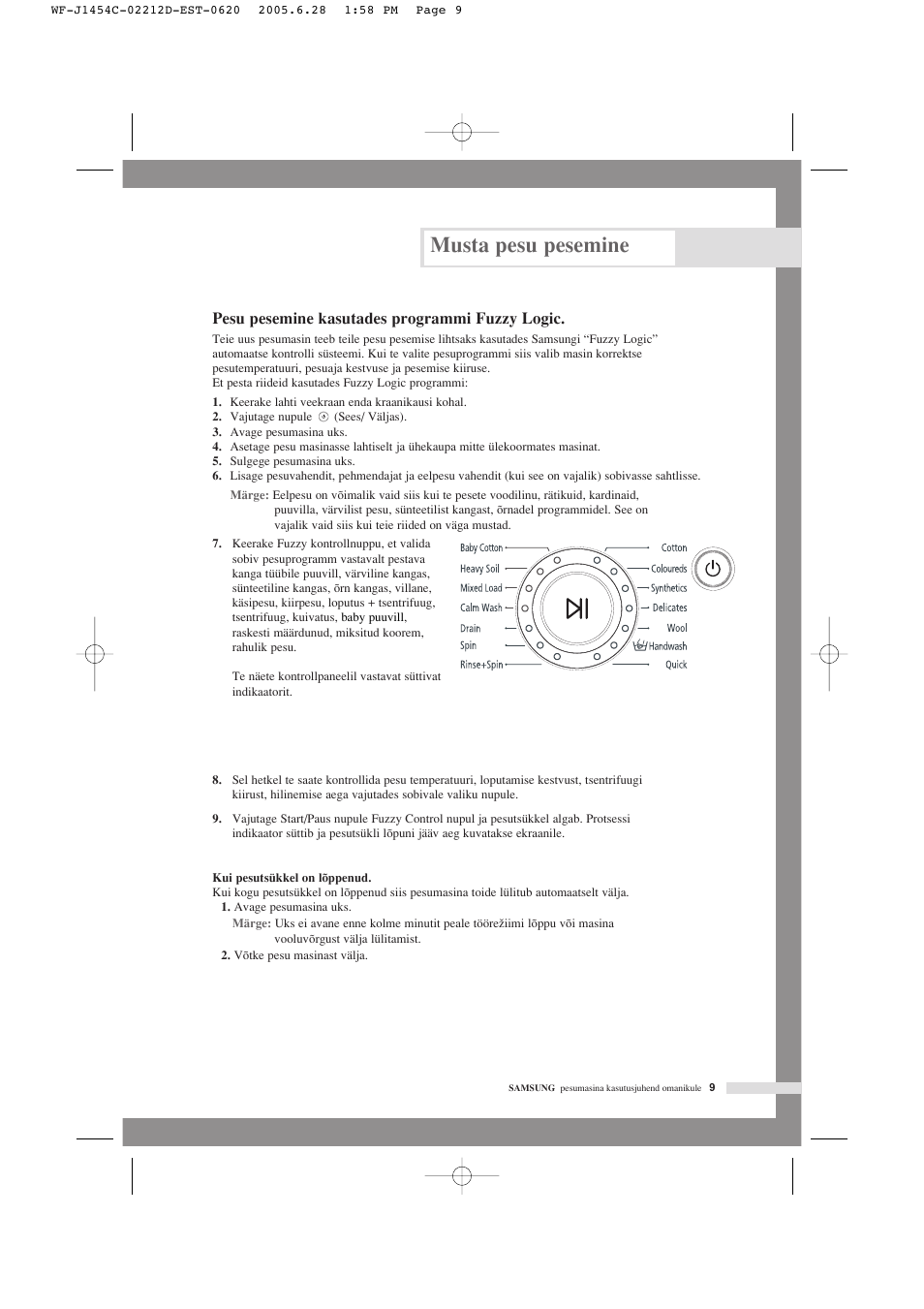 Musta pesu pesemine, Pesu pesemine kasutades programmi fuzzy logic |  Samsung WF-F1254 User Manual | Page 33 / 88 | Original mode