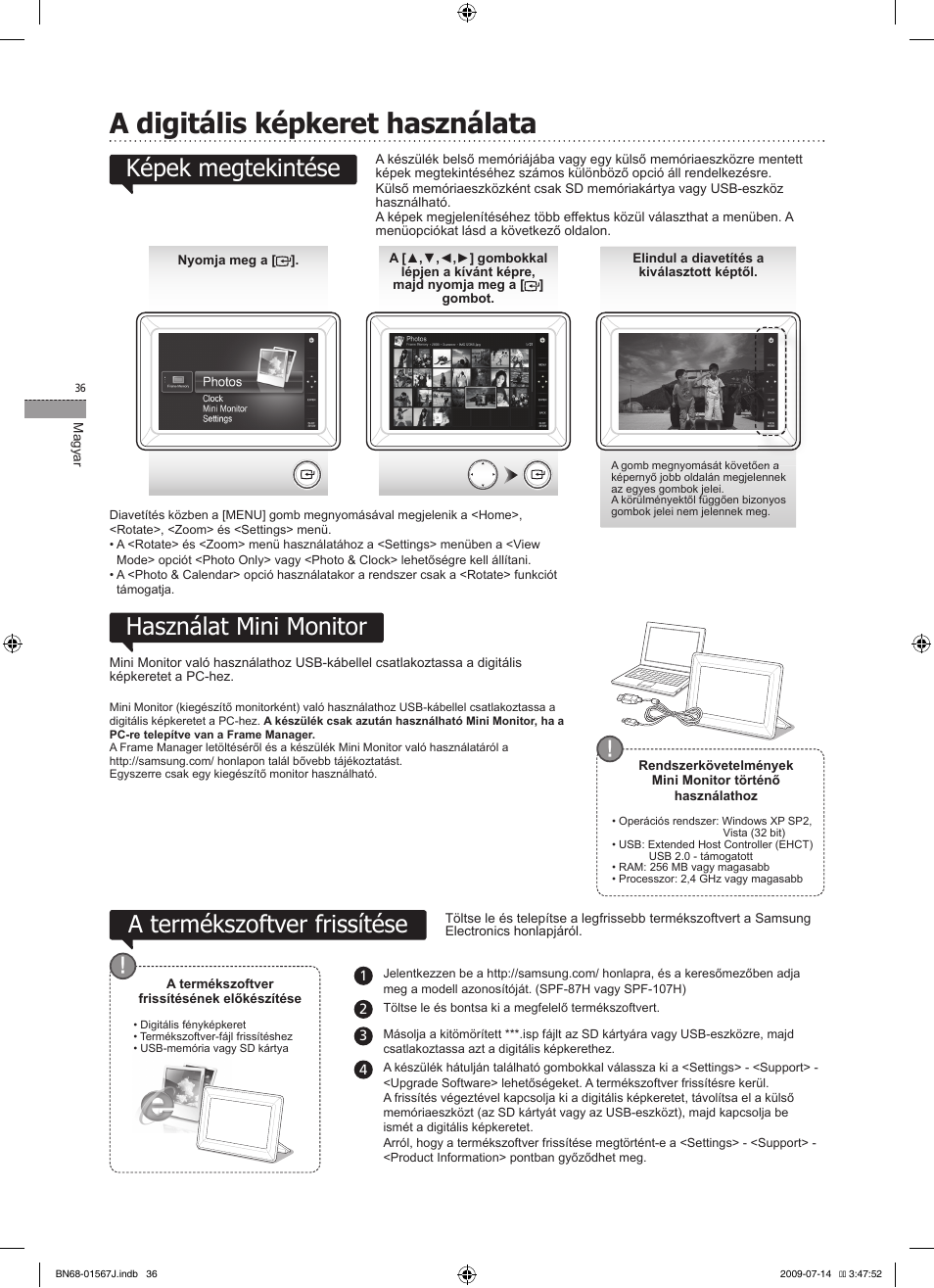 A digitális képkeret használata, Használat mini monitor, A termékszoftver  frissítése | Samsung SPF-107H User Manual | Page 36 / 72