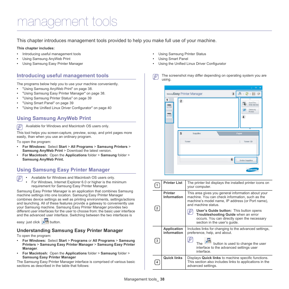 Management tools, Introducing useful management tools, Using samsung anyweb  print | Samsung ML-2540-XAA User Manual | Page 38 / 66 | Original mode