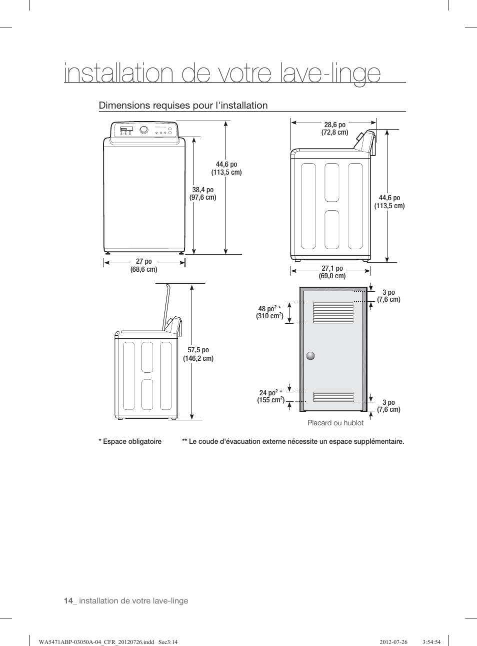 Installation de votre lave-linge, Dimensions requises pour l'installation |  Samsung WA5471ABW-XAA User Manual | Page 102 / 132 | Original mode