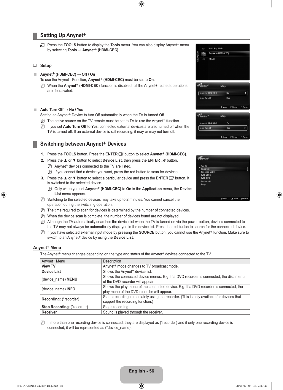 Setting up anynet, Switching between anynet+ devices | Samsung  LN40B640R3FUZA User Manual | Page 58 / 173