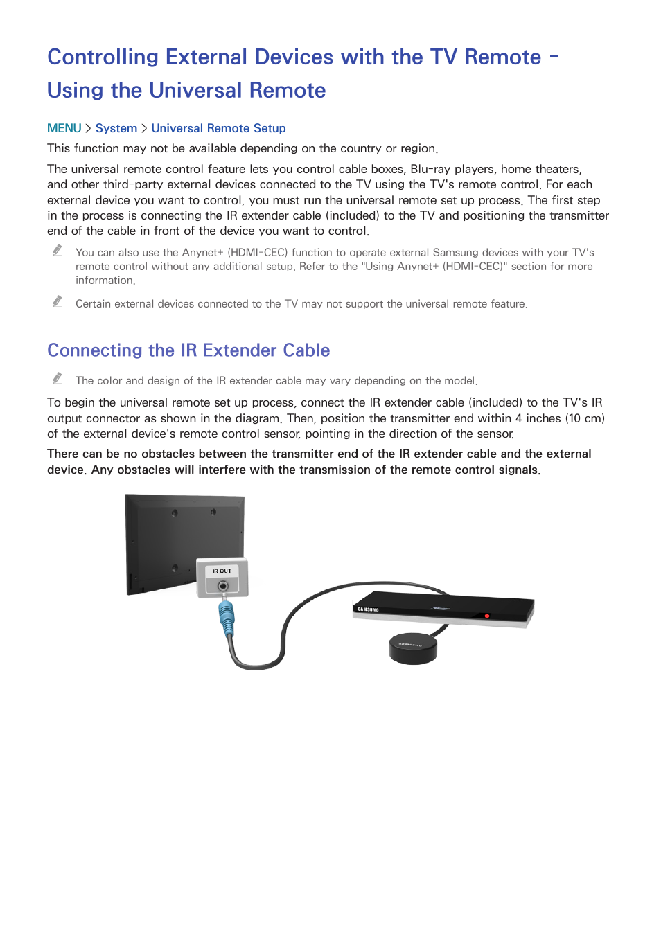 34 connecting the ir extender cable, Connecting the ir extender cable |  Samsung UN32H5500AFXZA User Manual | Page 40 / 225