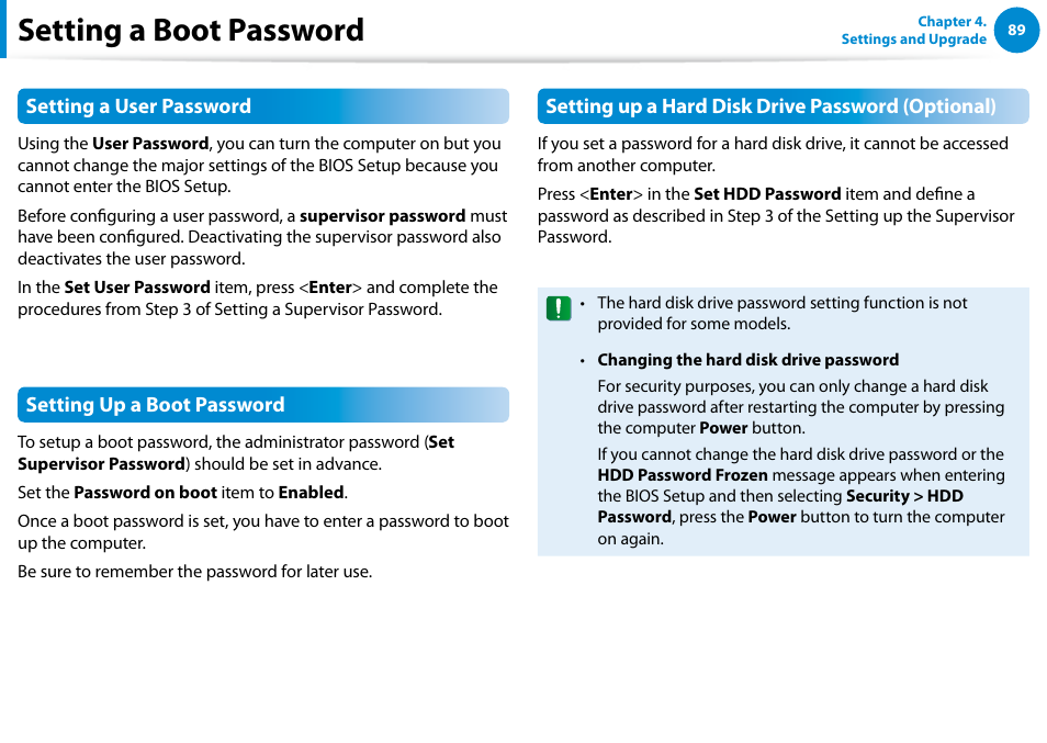 Setting a boot password | Samsung DP500A2D-K01UB User Manual | Page 90 / 136