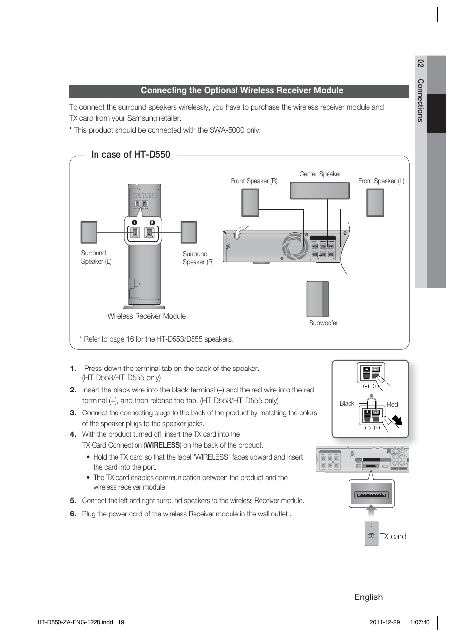 English, Connecting the optional wireless receiver module, Tx card | Samsung  HT-D550-ZA User Manual | Page 19 / 50 | Original mode