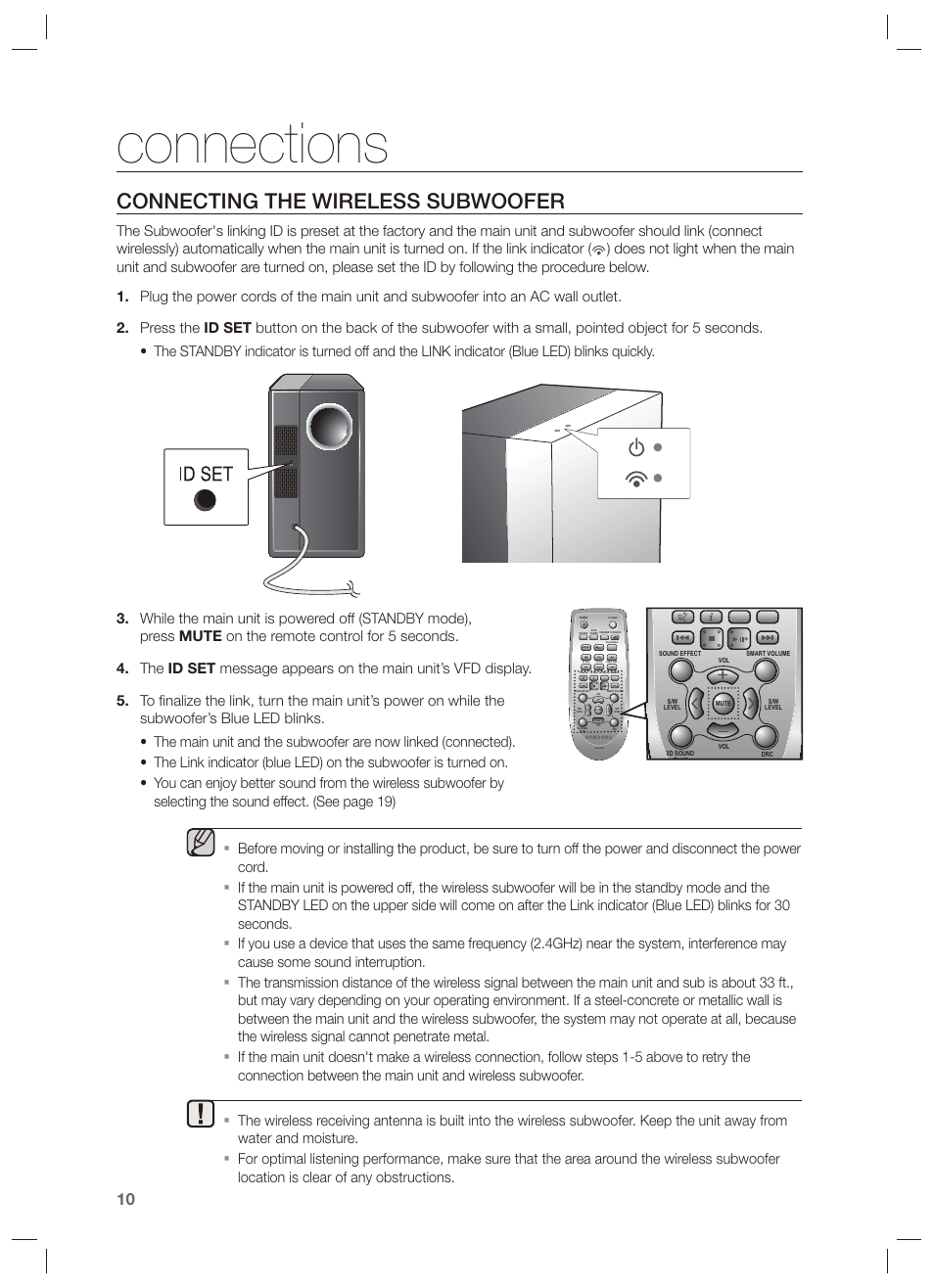 Connecting the wireless subwoofer, Connections | Samsung HW-F450-ZA User  Manual | Page 10 / 25