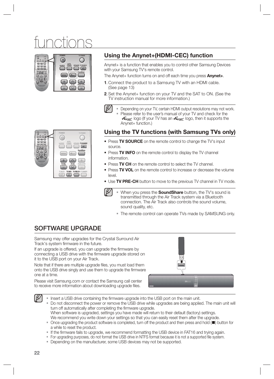 Software upgrade, Functions, Using the anynet+(hdmi-cec) function | Samsung  HW-F750-ZA User Manual | Page 22 / 26 | Original mode
