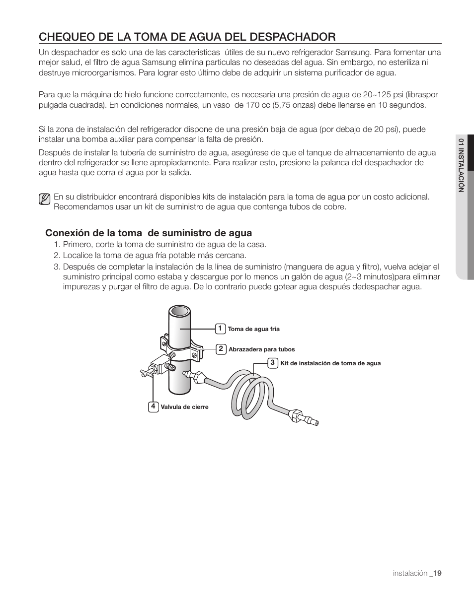 Chequeo de la toma de agua del despachador, Conexión de la toma de  suministro de agua | Samsung RS263TDPN-XAA User Manual | Page 53 / 68
