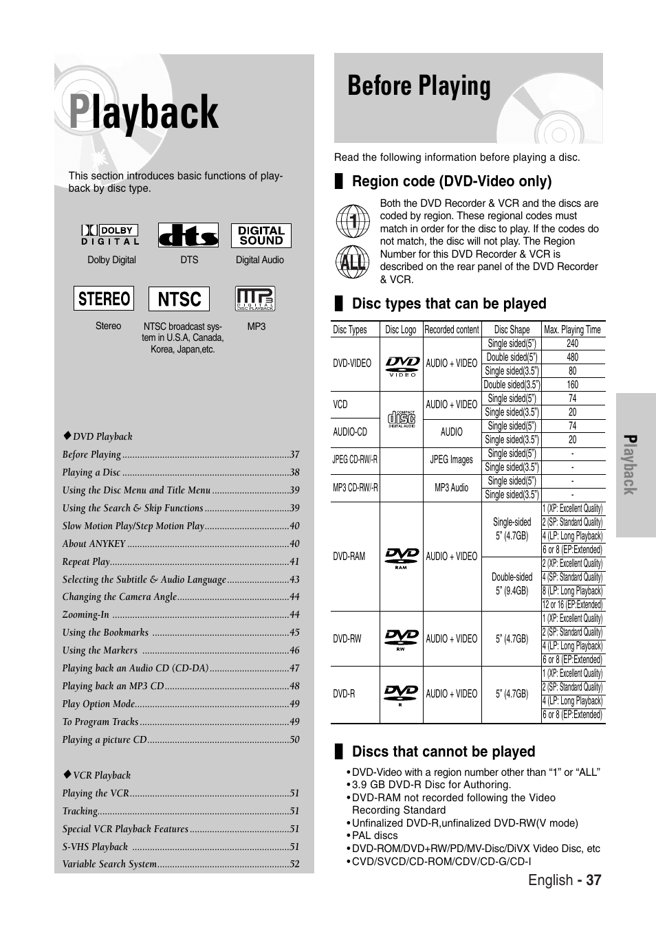 Playback, Before playing, English - 37 | Samsung DVD-VR325-XAC User Manual  | Page 37 / 89 | Original mode