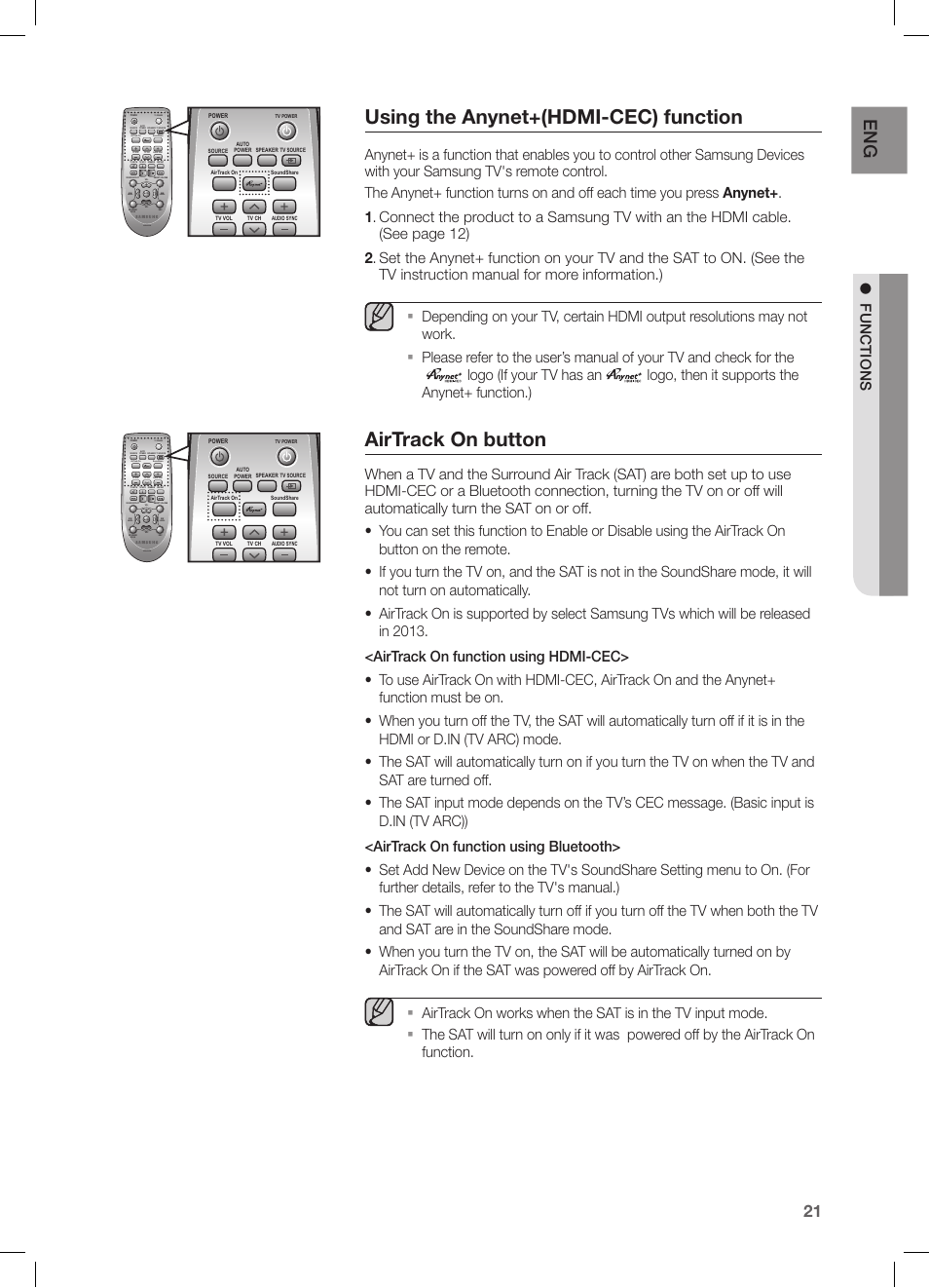 Using the anynet+(hdmi-cec) function, Airtrack on button, Functions |  Samsung HW-FM45C-ZA User Manual | Page 21 / 26 | Original mode