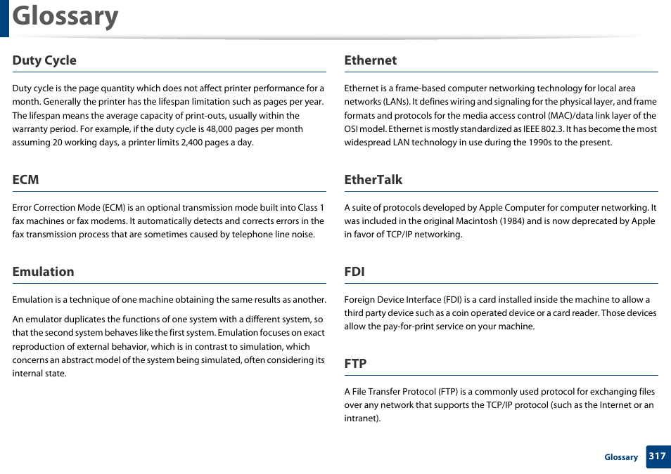 Glossary, Duty cycle, Emulation | Samsung SCX-3405W-XAC User Manual | Page  317 / 331 | Original mode