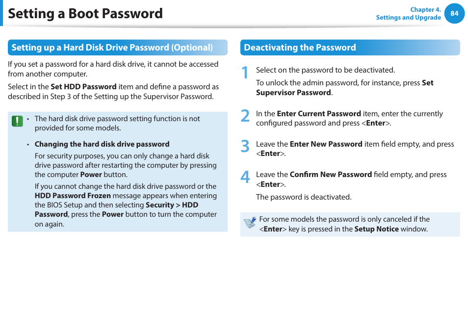 Setting a boot password | Samsung NP270E5J-K01US User Manual | Page 85 / 131