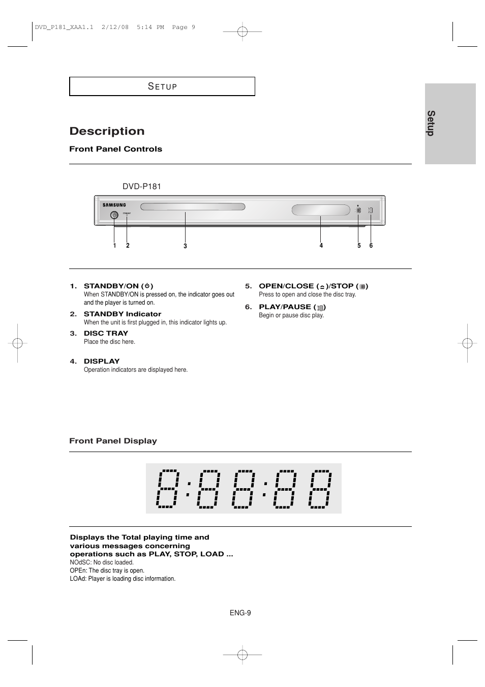 Description, Setup s | Samsung DVD-P181-XAA User Manual | Page 9 / 55 |  Original mode