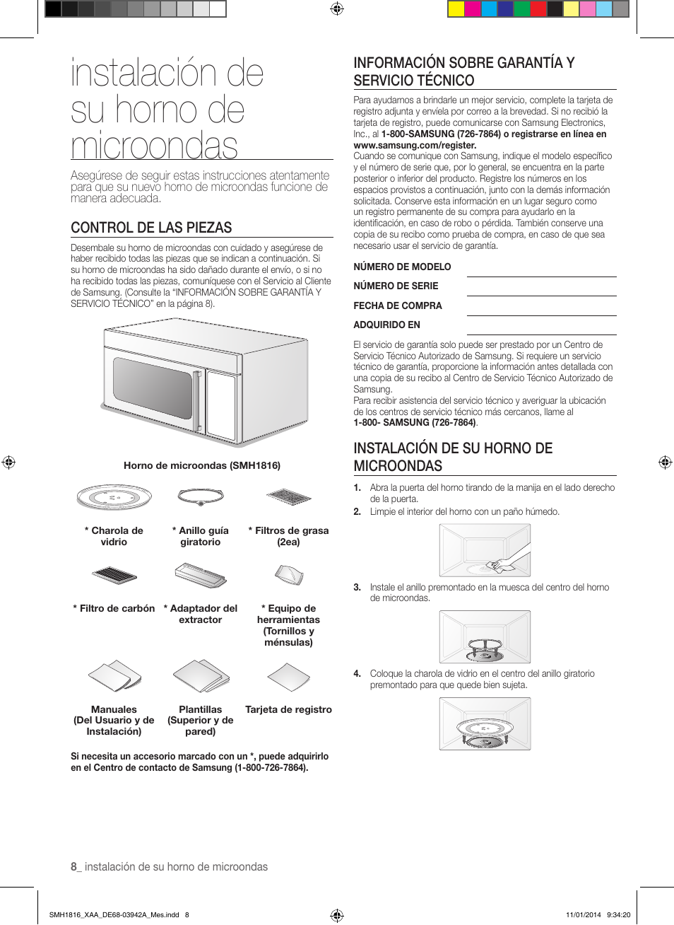 Instalación de su horno de microondas, Control de las piezas, Información  sobre garantía y servicio técnico | Samsung SMH1816W-XAA User Manual | Page  34 / 52 | Original mode