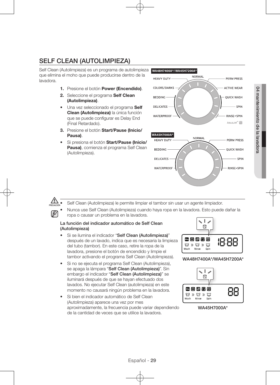 Self clean (autolimpieza) | Samsung WA45H7000AW-A2 User Manual | Page 117 /  132