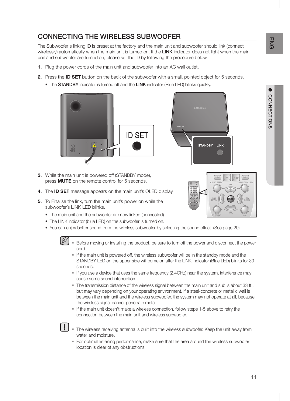 Connecting the wireless subwoofer, Conn e ctions | Samsung HW-FM55C-ZA User  Manual | Page 11 / 26