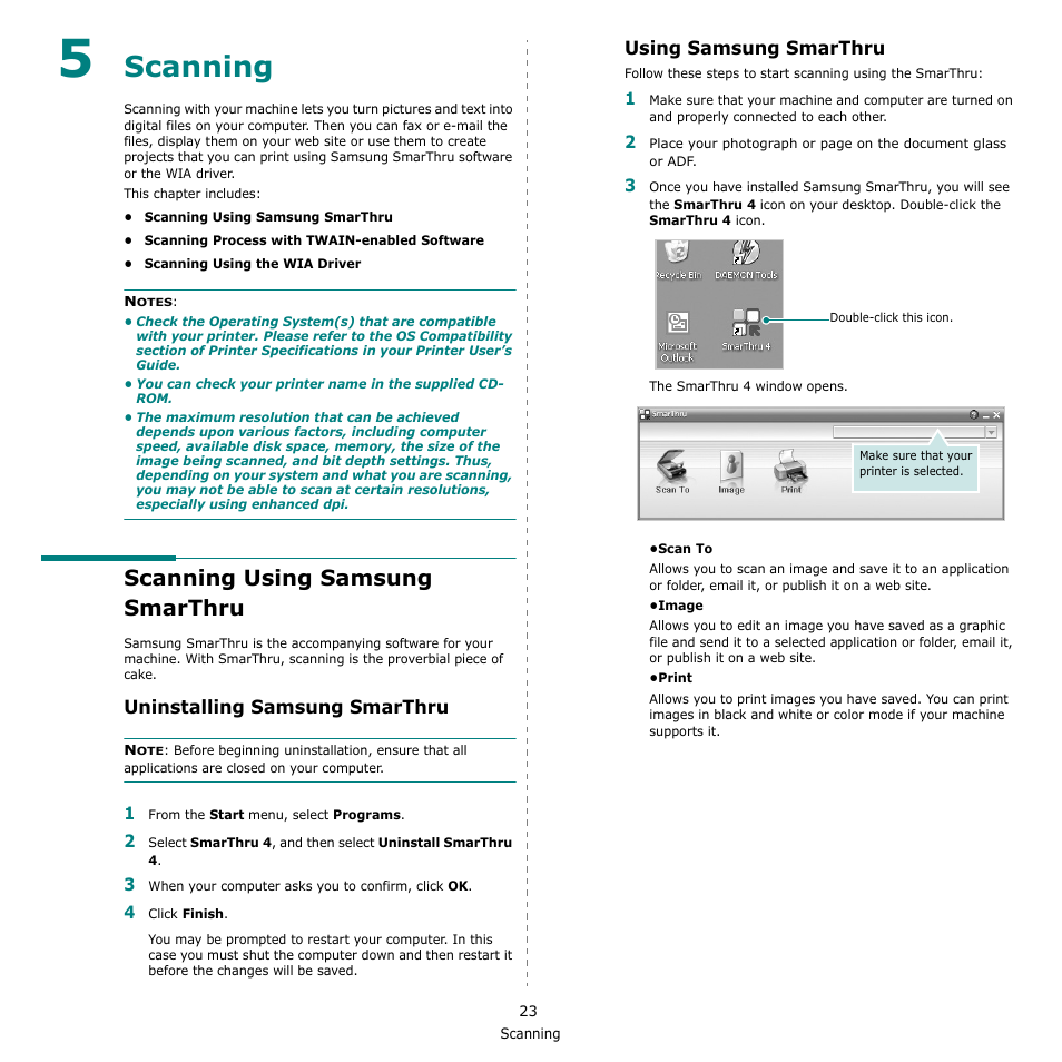 Scanning, Scanning using samsung smarthru, Uninstalling samsung smarthru |  Samsung SCX-4500W-XAA User Manual | Page 91 / 112